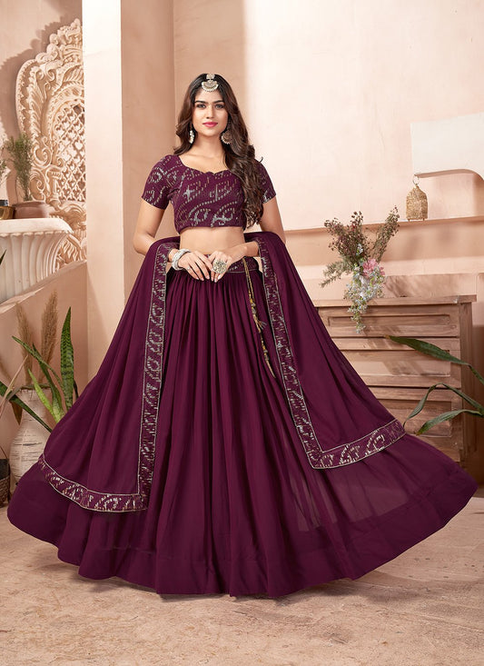 A Line Lehenga Faux Georgette Purple Embroidered Lehenga Choli