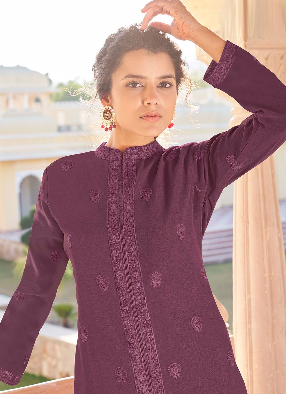 Designer Kurti Faux Georgette Purple Embroidered Kurtis