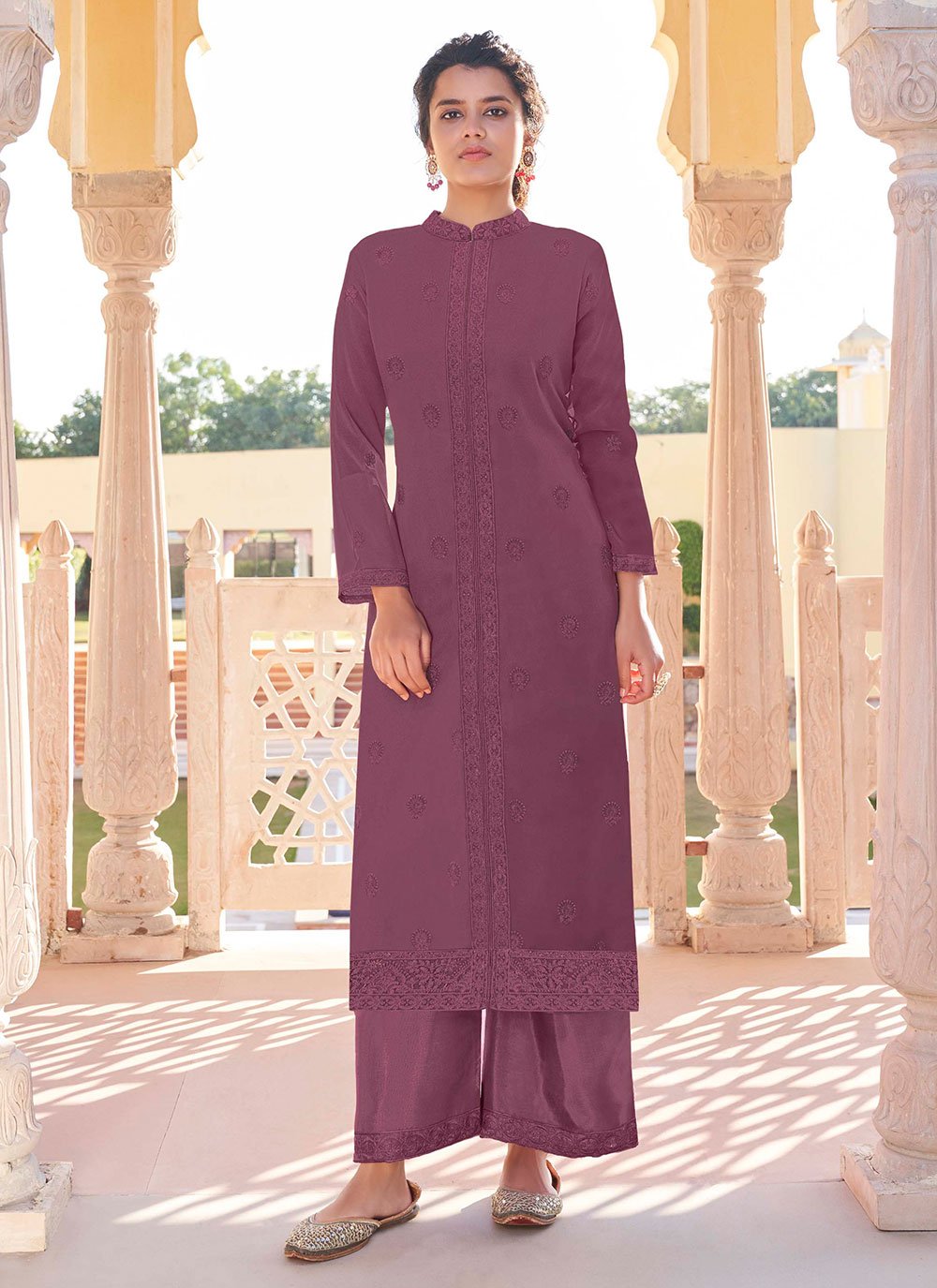 Designer Kurti Faux Georgette Purple Embroidered Kurtis