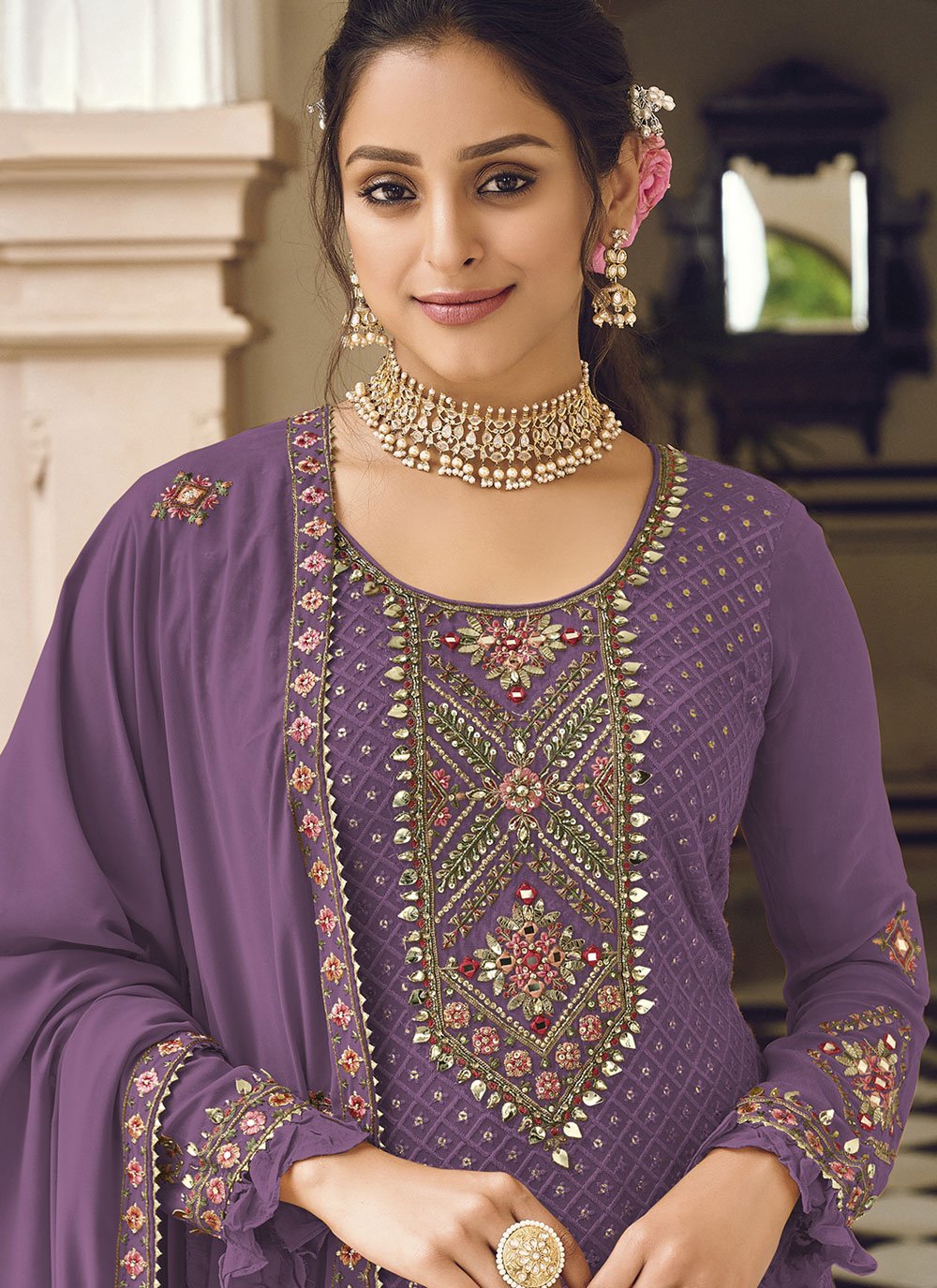 Floor Lenght Salwar Suit Faux Georgette Purple Embroidered Salwar Kameez