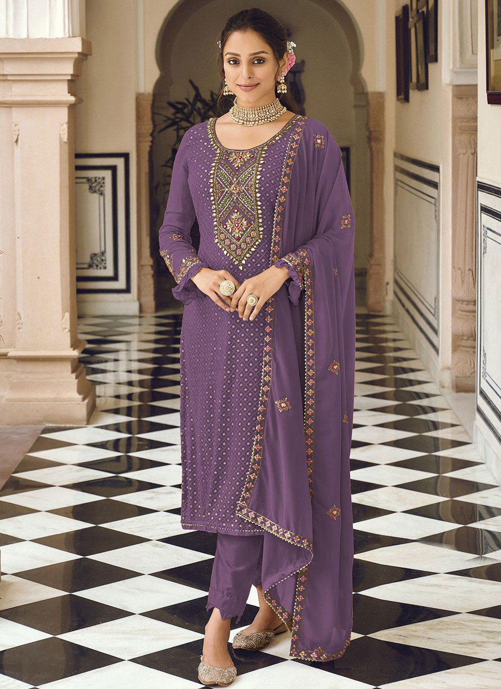 Floor Lenght Salwar Suit Faux Georgette Purple Embroidered Salwar Kameez