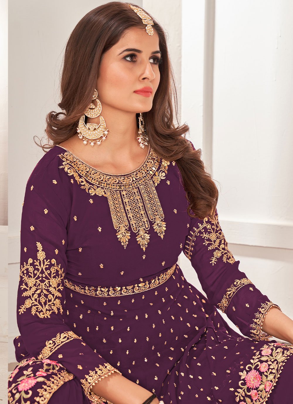 Palazzo Salwar Suit Faux Georgette Purple Embroidered Salwar Kameez