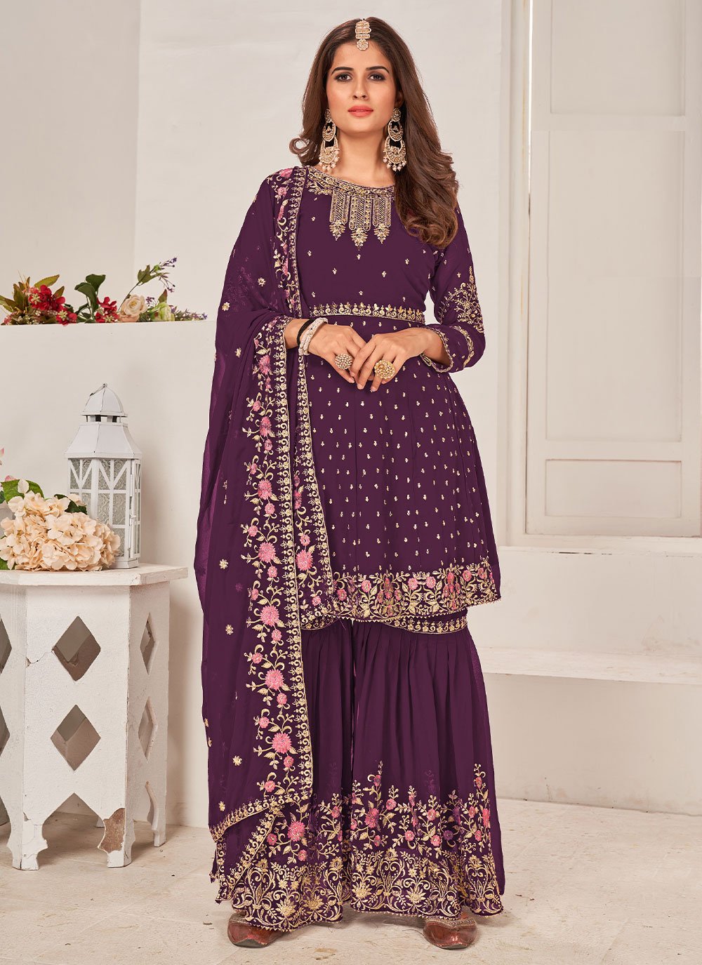 Palazzo Salwar Suit Faux Georgette Purple Embroidered Salwar Kameez