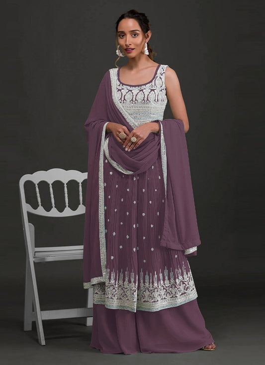 Straight Salwar Suit Faux Georgette Purple Embroidered Salwar Kameez