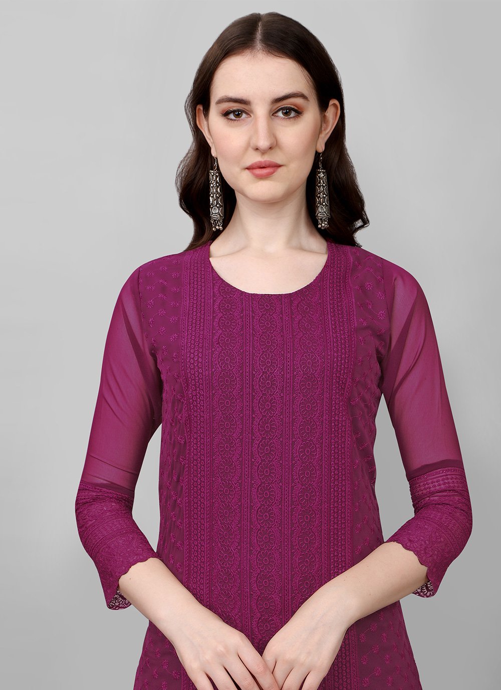 Casual Kurti Faux Georgette Purple Chikankari Work Kurtis