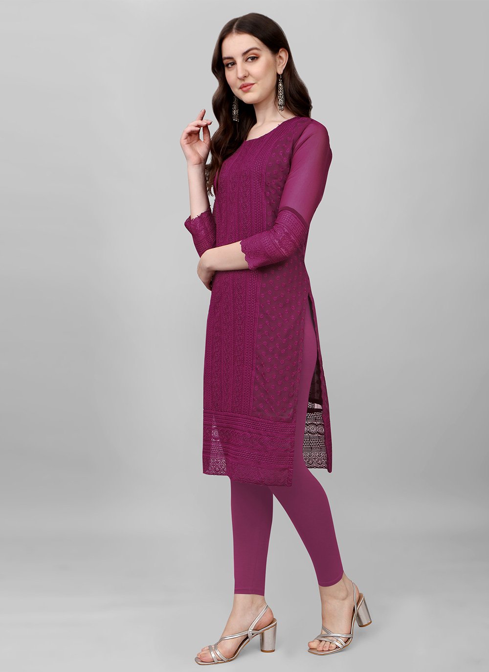 Casual Kurti Faux Georgette Purple Chikankari Work Kurtis