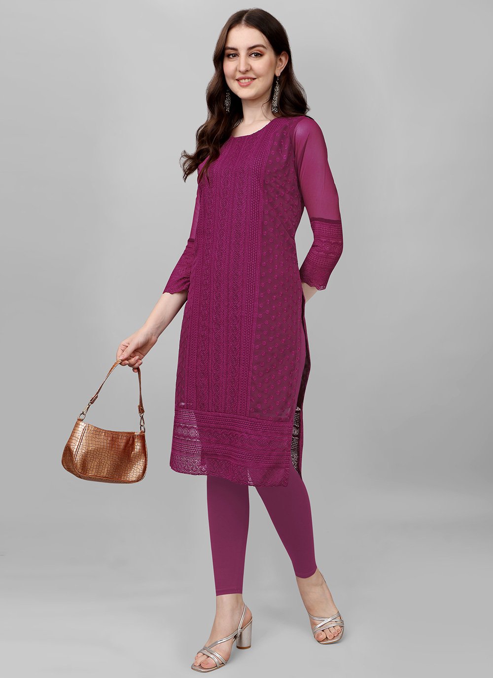 Casual Kurti Faux Georgette Purple Chikankari Work Kurtis