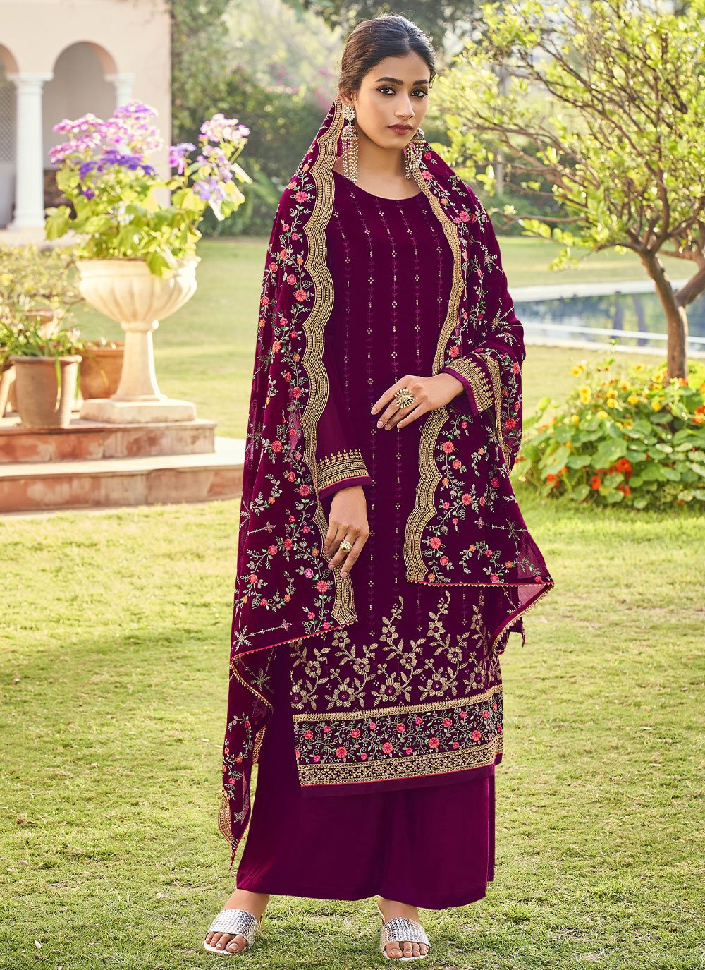 Palazzo Salwar Suit Faux Georgette Purple Embroidered Salwar Kameez