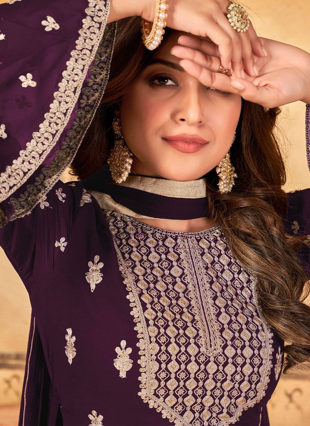 Straight Salwar Suit Faux Georgette Purple Embroidered Salwar Kameez