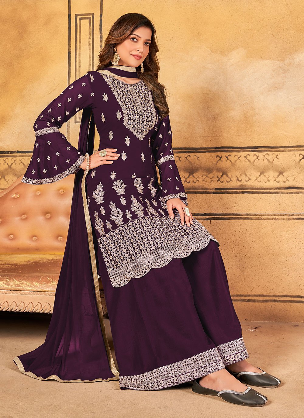 Straight Salwar Suit Faux Georgette Purple Embroidered Salwar Kameez