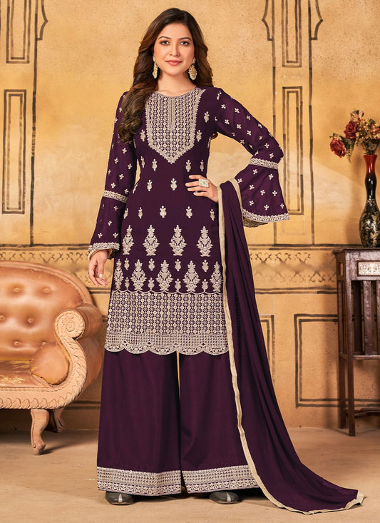 Straight Salwar Suit Faux Georgette Purple Embroidered Salwar Kameez