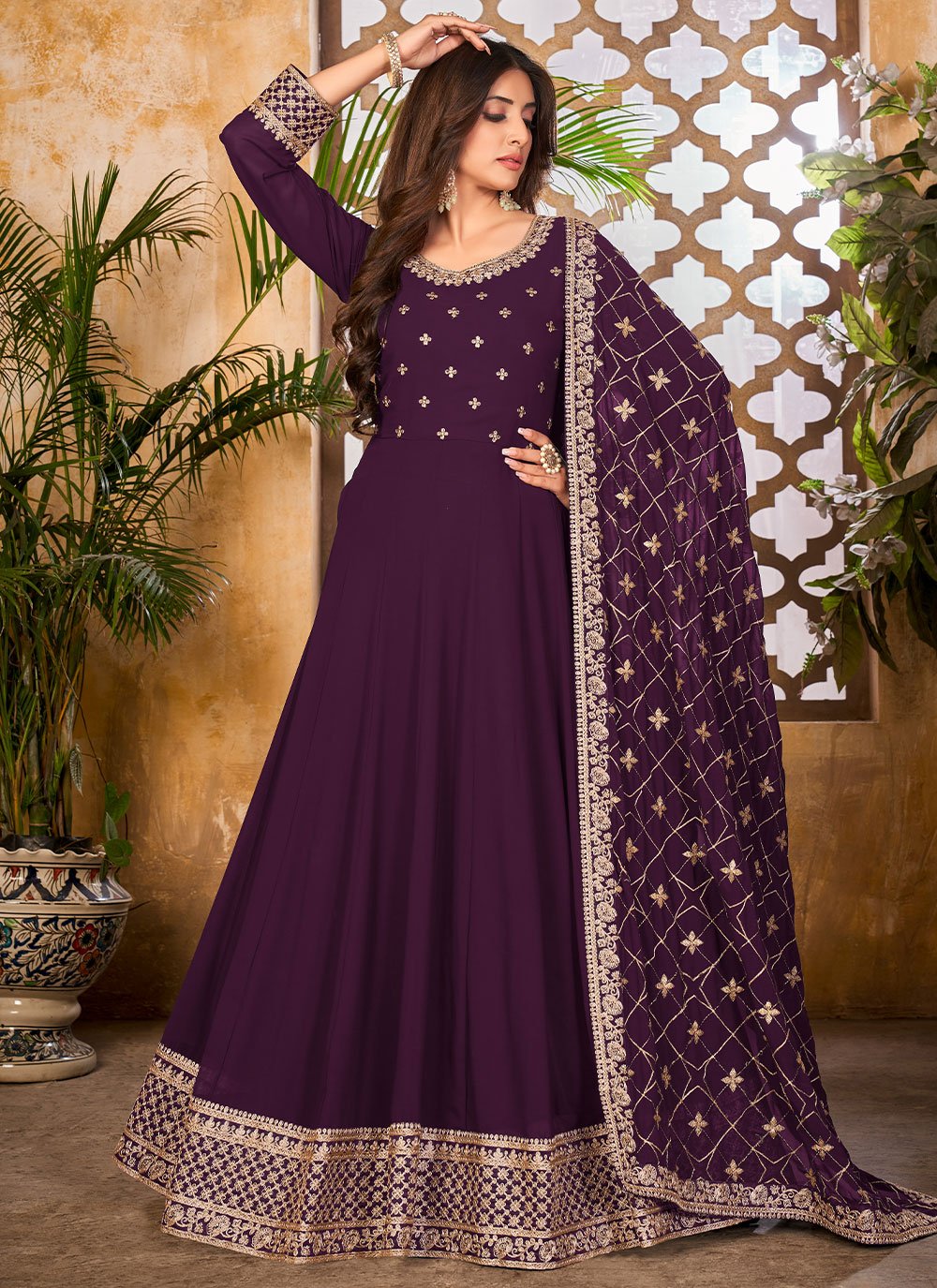 Salwar Suit Faux Georgette Purple Embroidered Salwar Kameez