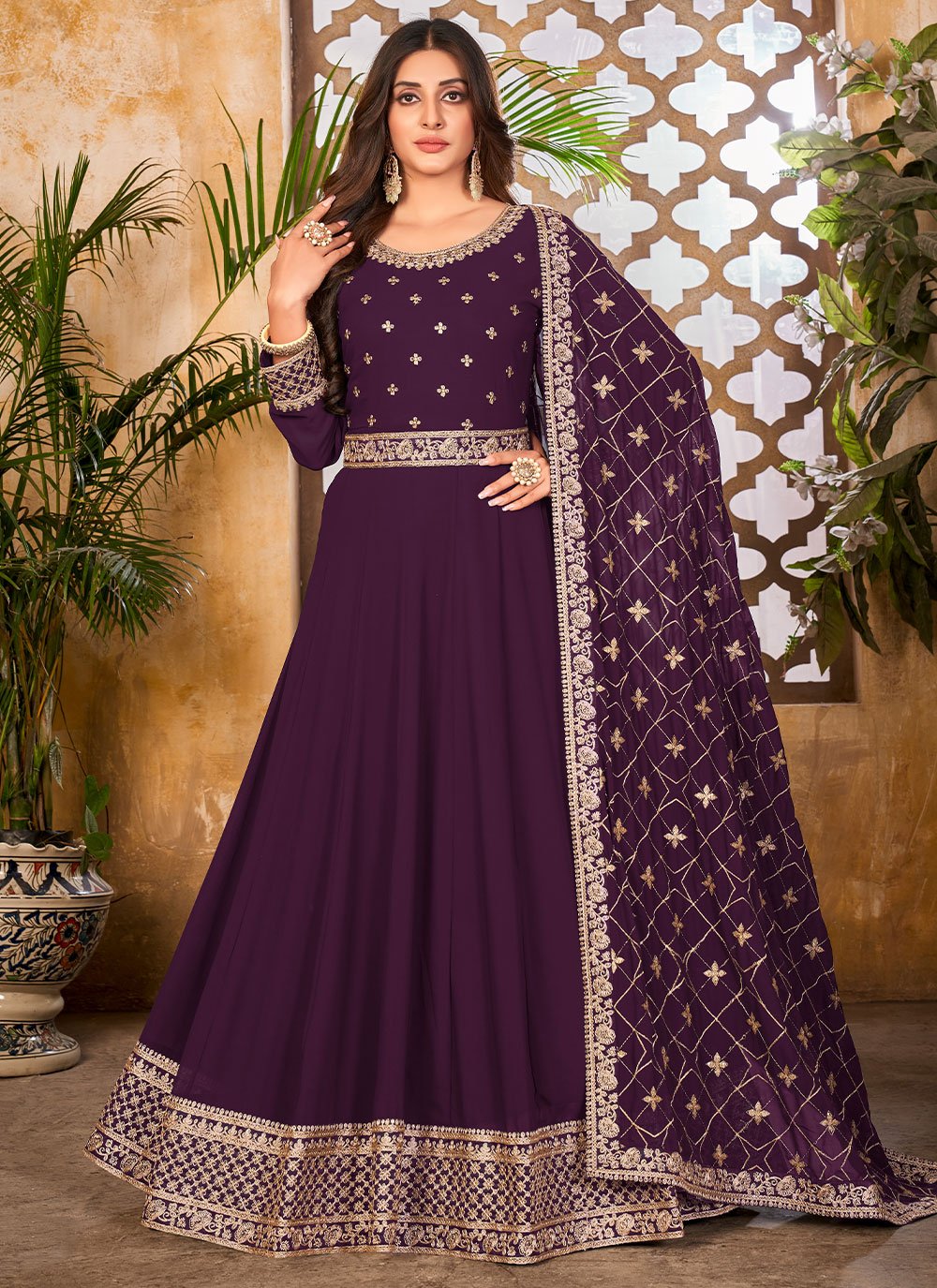 Salwar Suit Faux Georgette Purple Embroidered Salwar Kameez