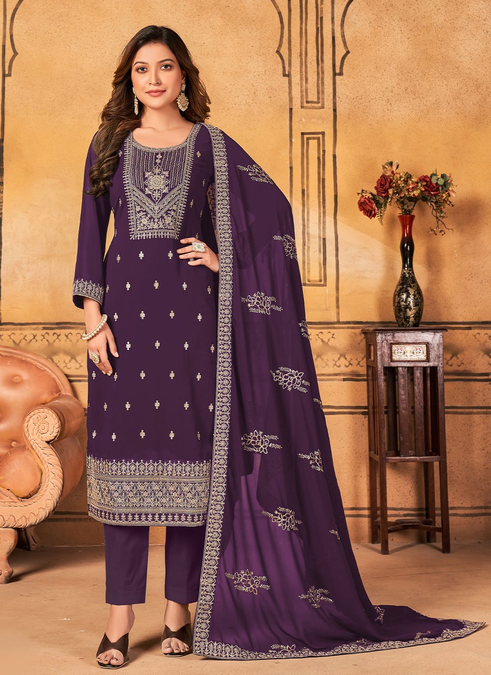 Salwar Suit Faux Georgette Purple Embroidered Salwar Kameez