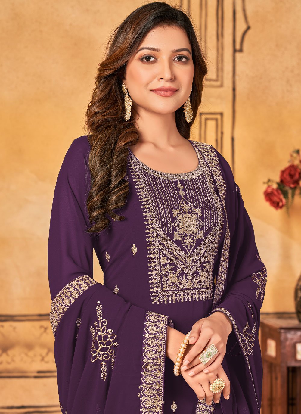 Salwar Suit Faux Georgette Purple Embroidered Salwar Kameez