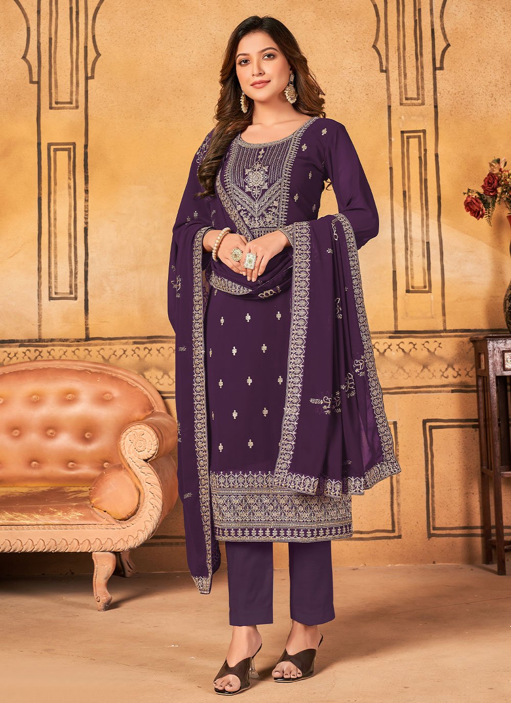 Salwar Suit Faux Georgette Purple Embroidered Salwar Kameez