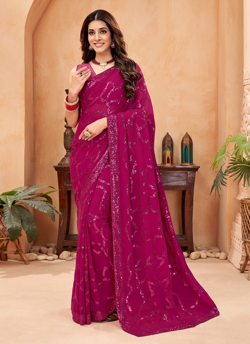 Trendy Saree Faux Georgette Rani Sequins Saree