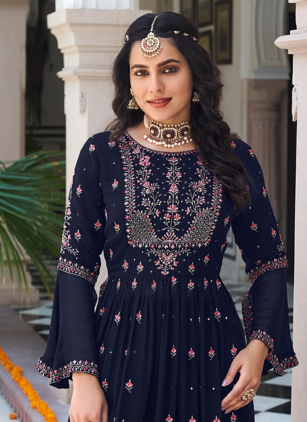 Salwar Suit Faux Georgette Blue Embroidered Salwar Kameez