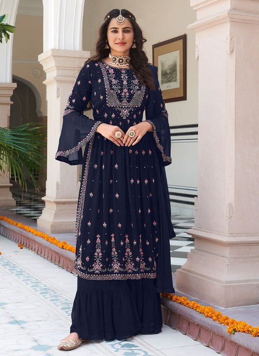 Salwar Suit Faux Georgette Blue Embroidered Salwar Kameez