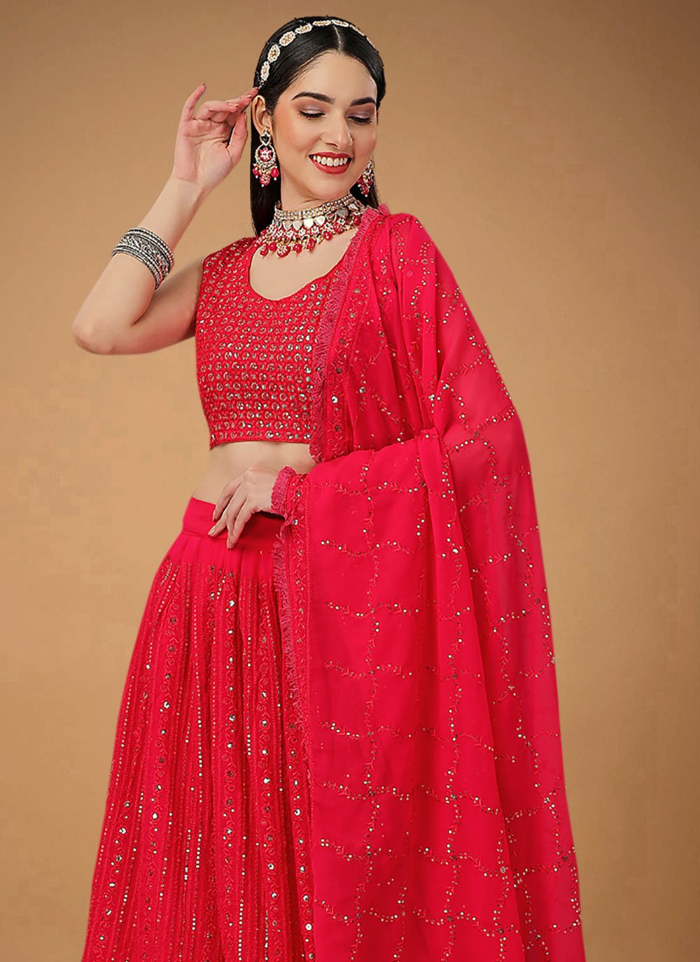 Lehenga Choli Faux Georgette Red Embroidered Lehenga Choli