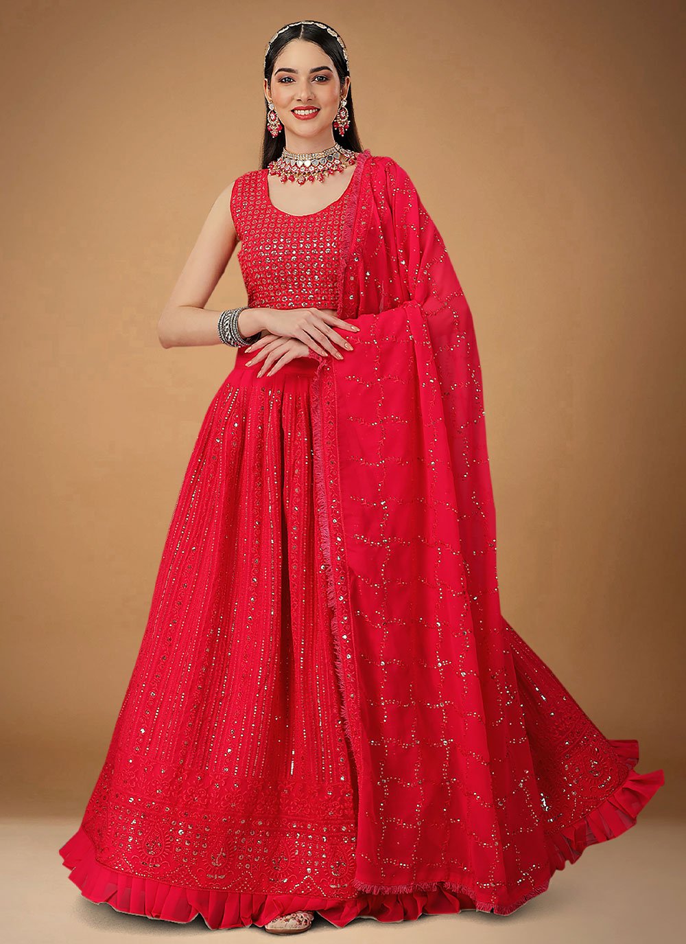 Lehenga Choli Faux Georgette Red Embroidered Lehenga Choli