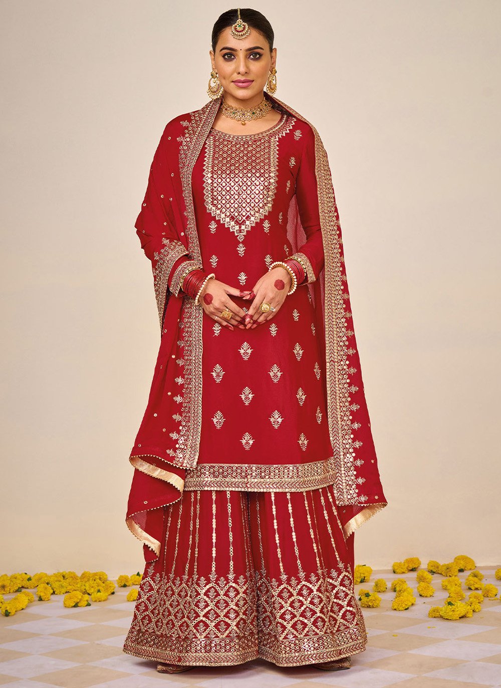 Salwar Suit Faux Georgette Red Embroidered Salwar Kameez