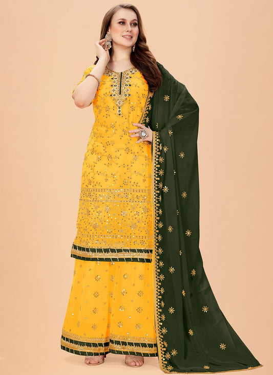 Salwar Suit Faux Georgette Yellow Embroidered Salwar Kameez