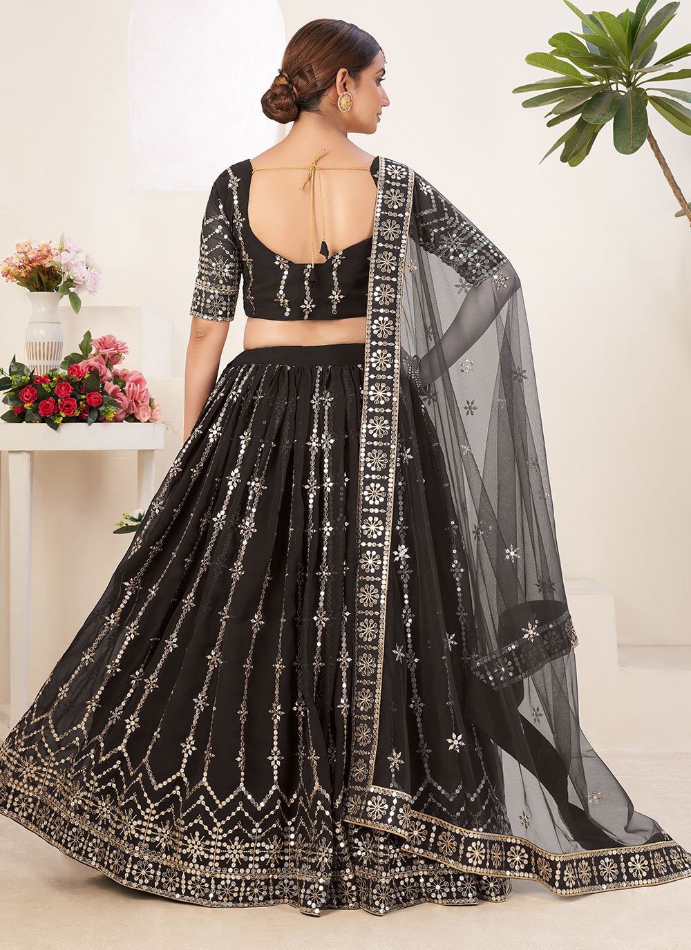 A Line Lehenga Faux Georgette Black Embroidered Lehenga Choli