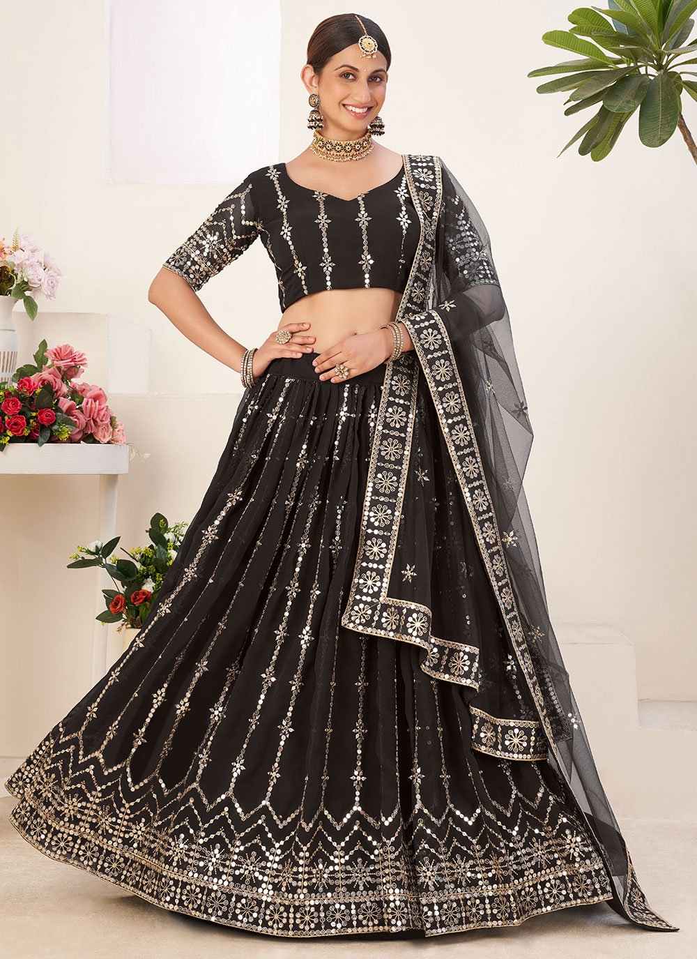 A Line Lehenga Faux Georgette Black Embroidered Lehenga Choli