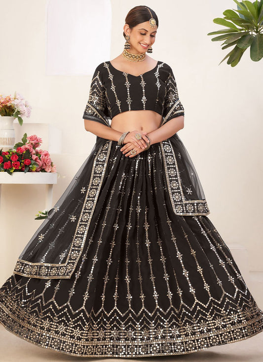 A Line Lehenga Faux Georgette Black Embroidered Lehenga Choli