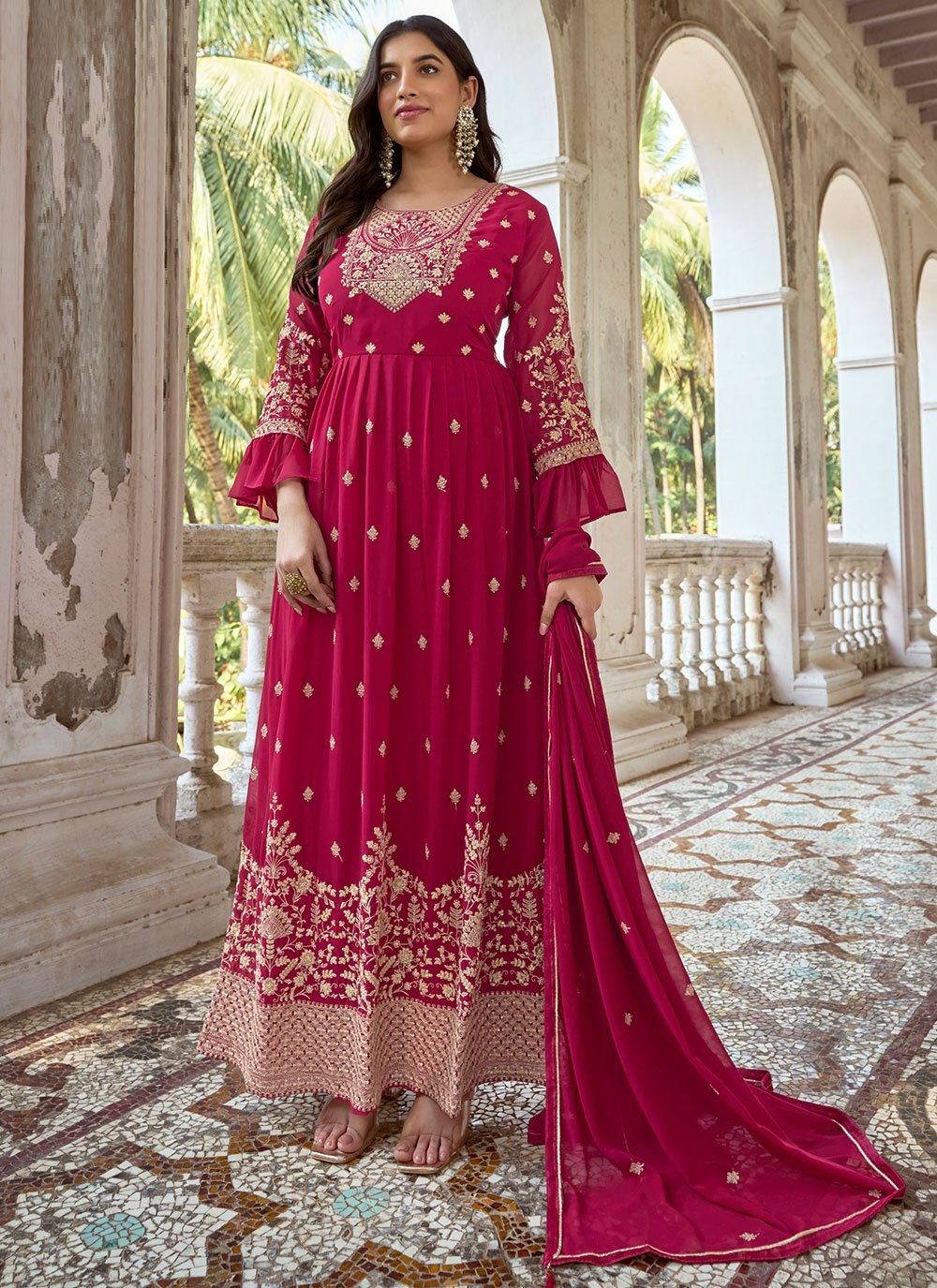 Trendy Suit Faux Georgette Maroon Embroidered Salwar Kameez