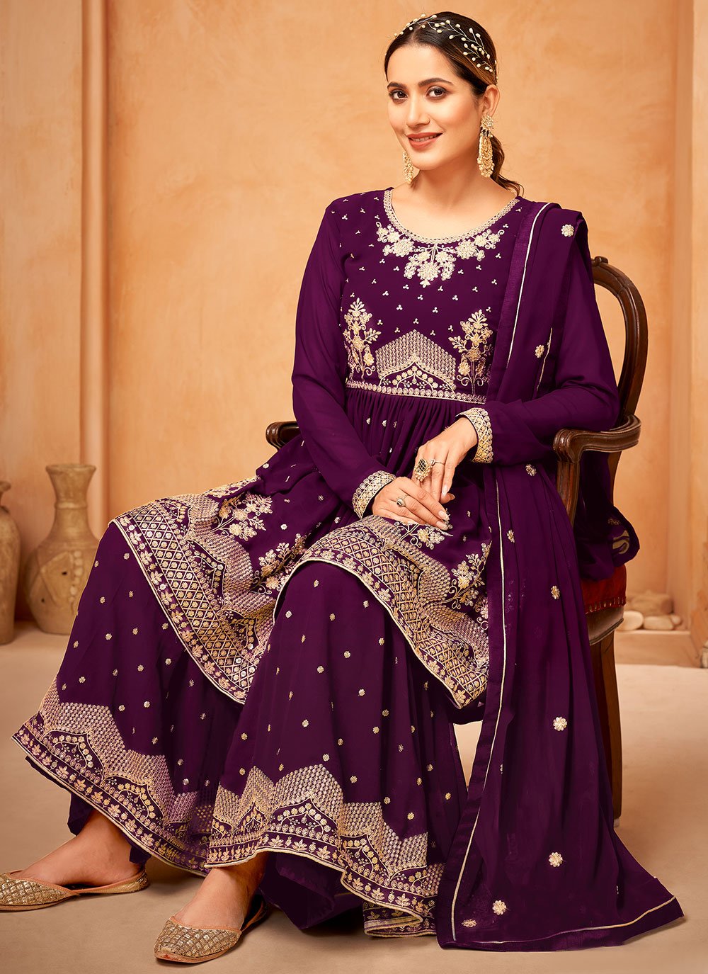 Trendy Suit Faux Georgette Purple Embroidered Salwar Kameez