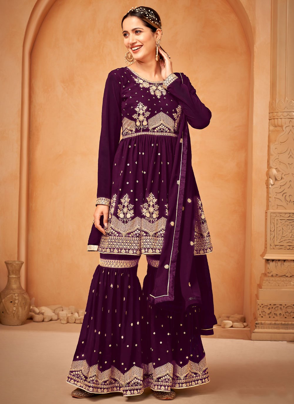 Trendy Suit Faux Georgette Purple Embroidered Salwar Kameez