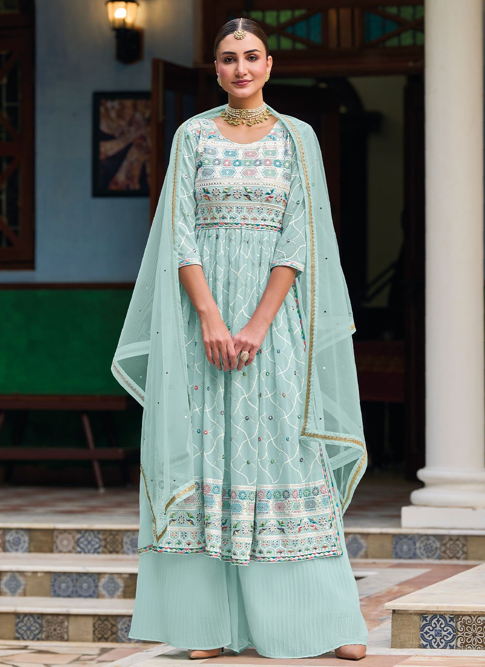 Salwar Suit Faux Georgette Sea Green Embroidered Salwar Kameez