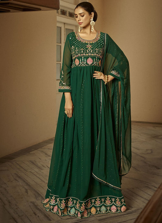 Floor Lenght Salwar Suit Faux Georgette Green Embroidered Salwar Kameez