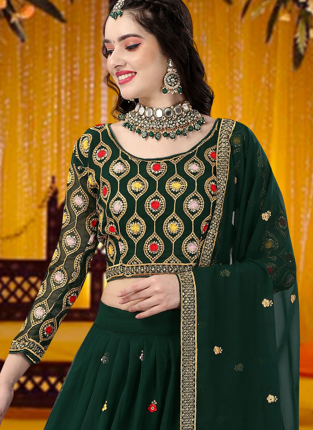 A Line Lehenga Faux Georgette Green Embroidered Lehenga Choli