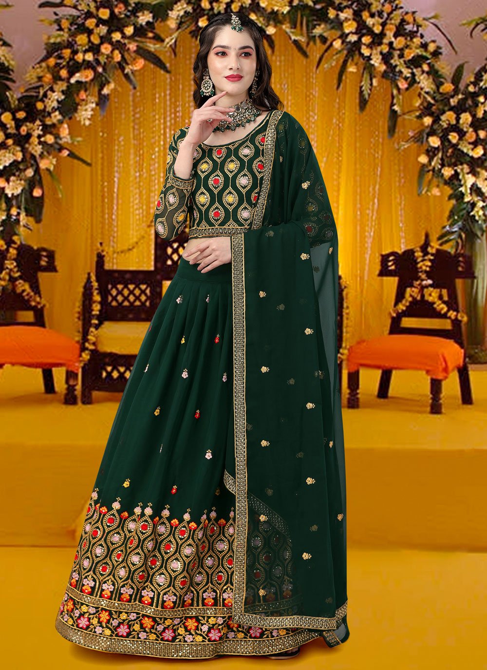 A Line Lehenga Faux Georgette Green Embroidered Lehenga Choli