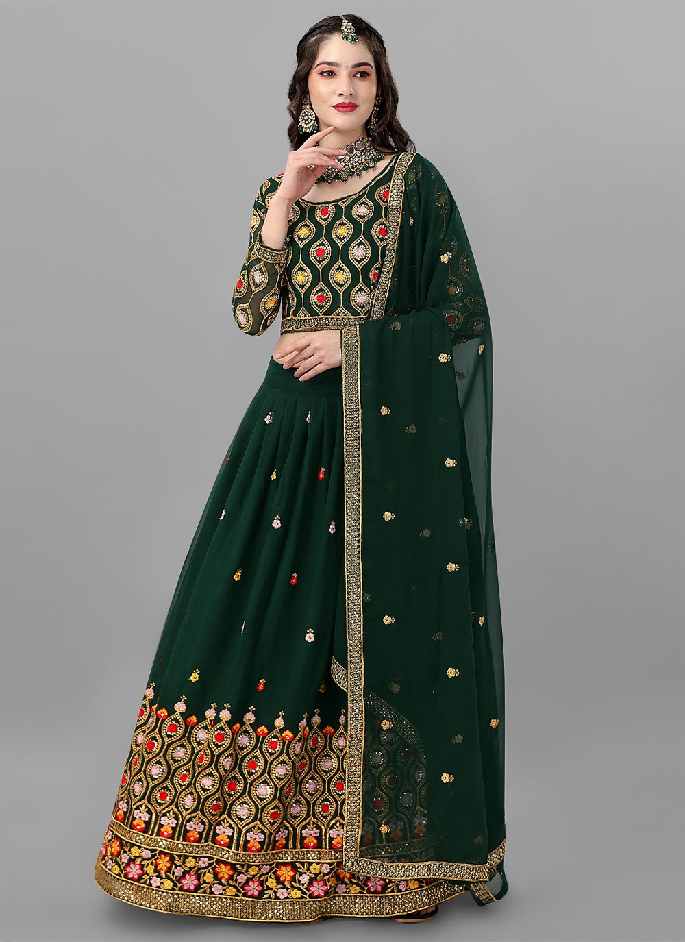 Lehenga Choli Faux Georgette Green Cord Work Lehenga Choli