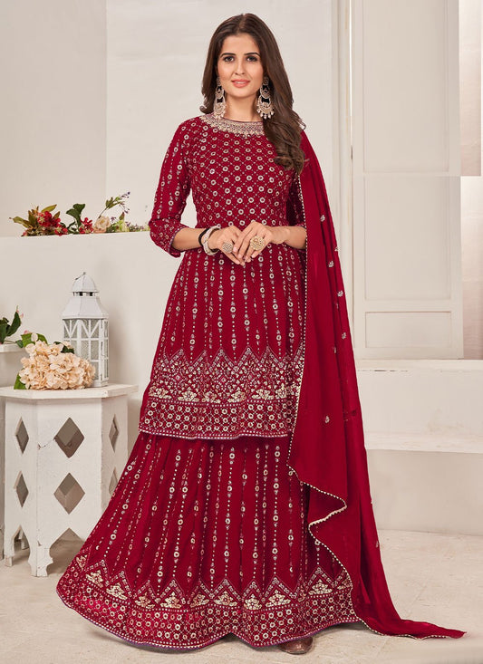 Salwar Suit Faux Georgette Maroon Embroidered Salwar Kameez