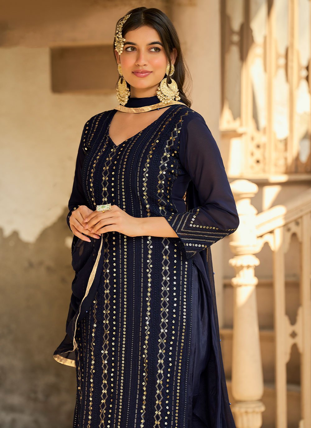 Palazzo Salwar Suit Faux Georgette Blue Embroidered Salwar Kameez