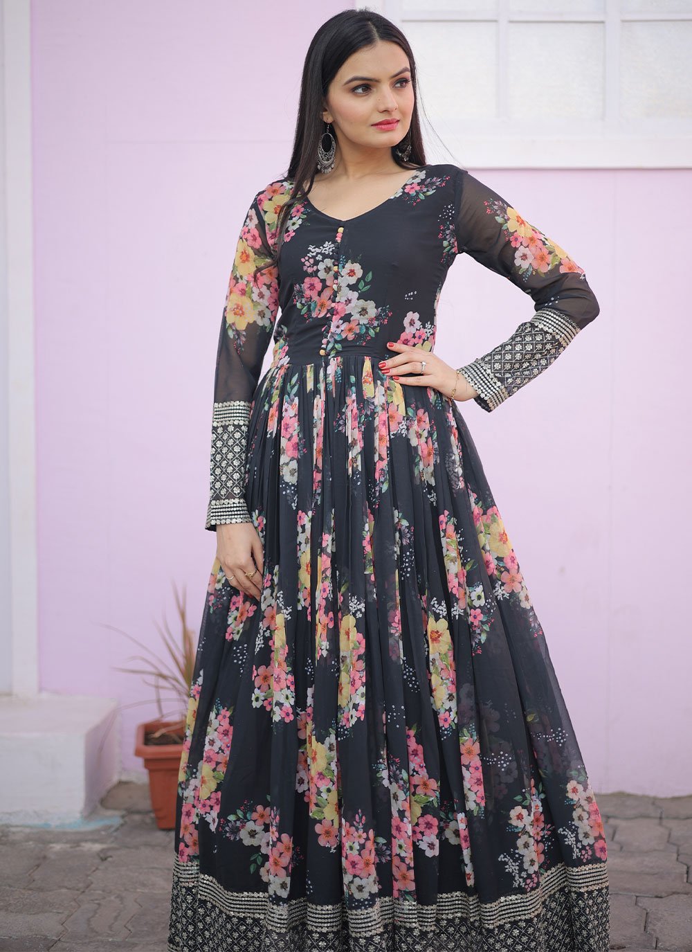 Gown Faux Georgette Grey Embroidered Gown