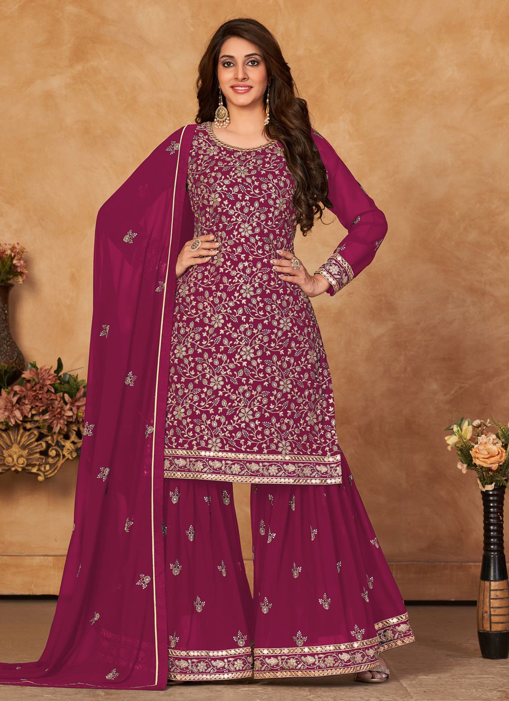 Sharara Set Faux Georgette Magenta Embroidered Salwar Kameez