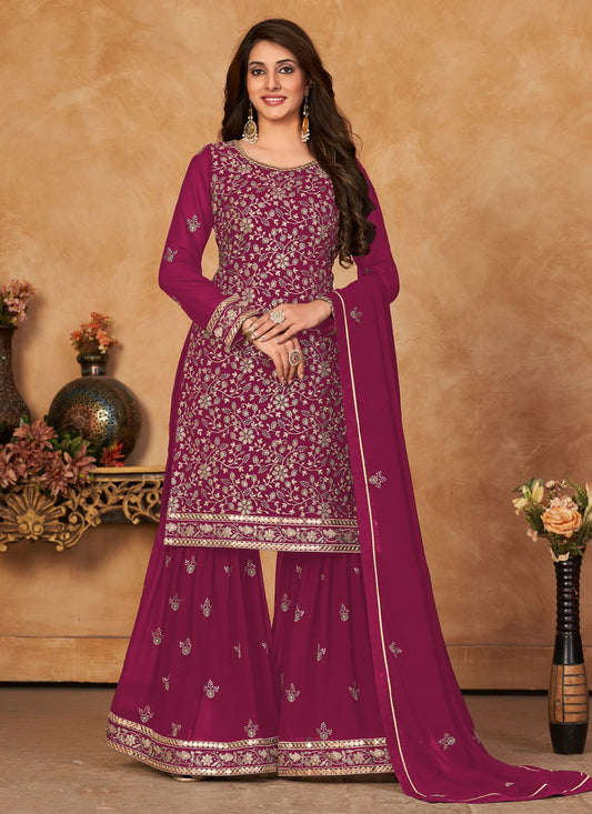 Sharara Set Faux Georgette Magenta Embroidered Salwar Kameez