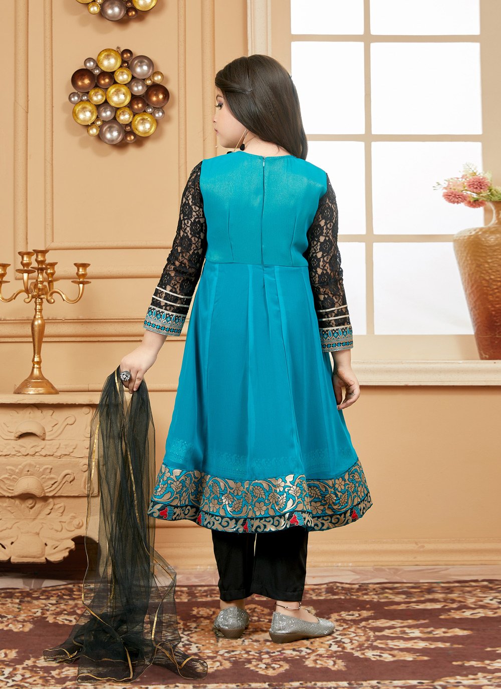 Pant Style Suit Faux Georgette Teal Embroidered Kids