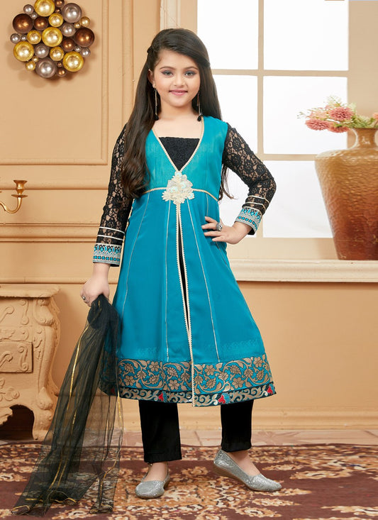 Pant Style Suit Faux Georgette Teal Embroidered Kids