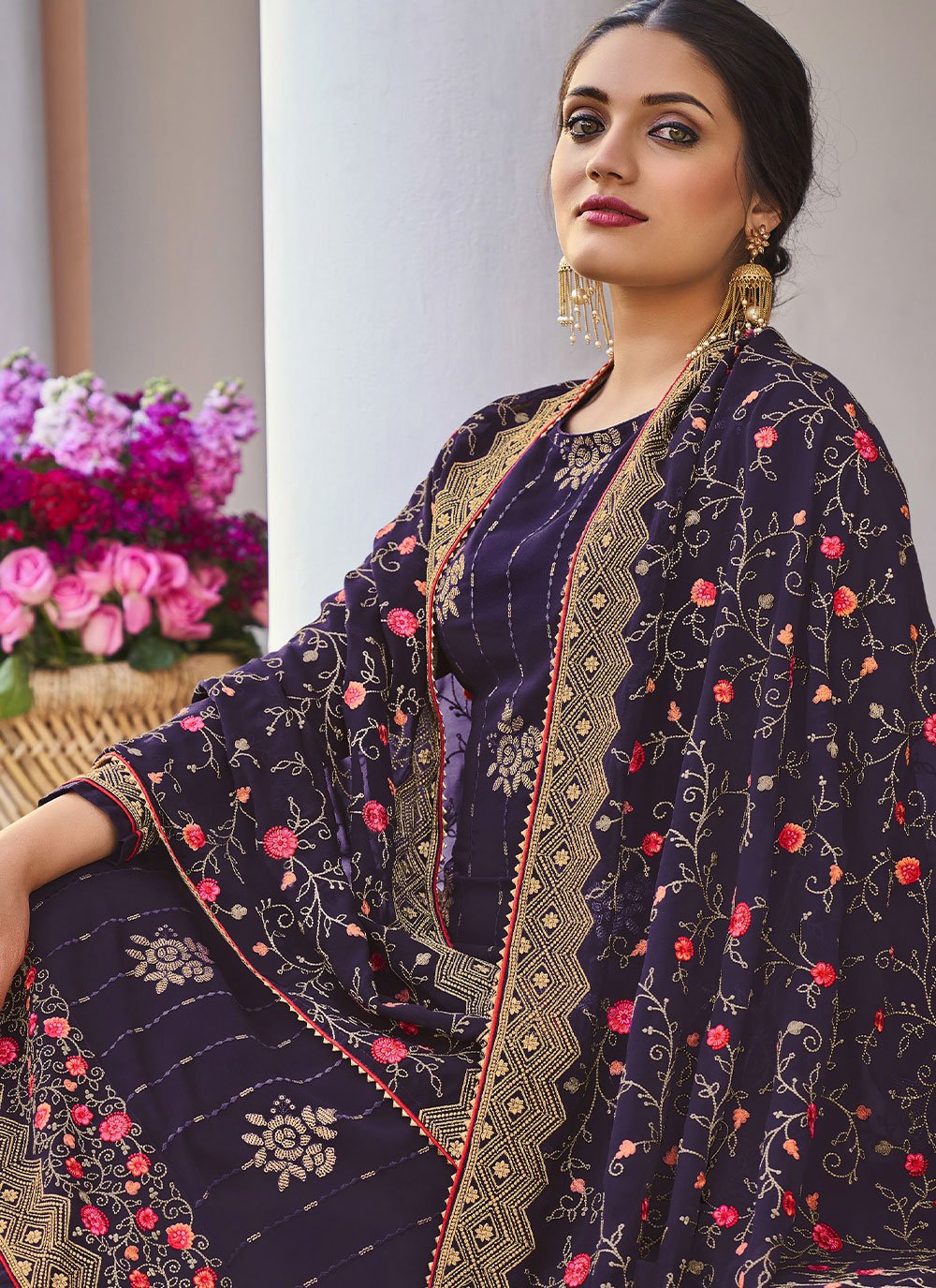 Palazzo Salwar Suit Faux Georgette Purple Embroidered Salwar Kameez