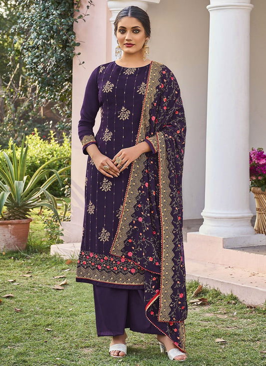 Palazzo Salwar Suit Faux Georgette Purple Embroidered Salwar Kameez