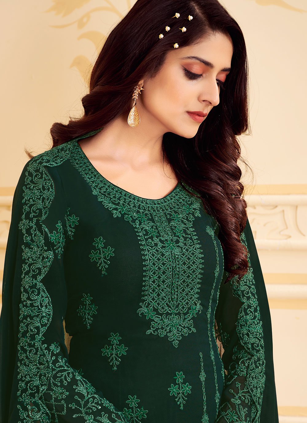 Salwar Suit Faux Georgette Green Embroidered Salwar Kameez