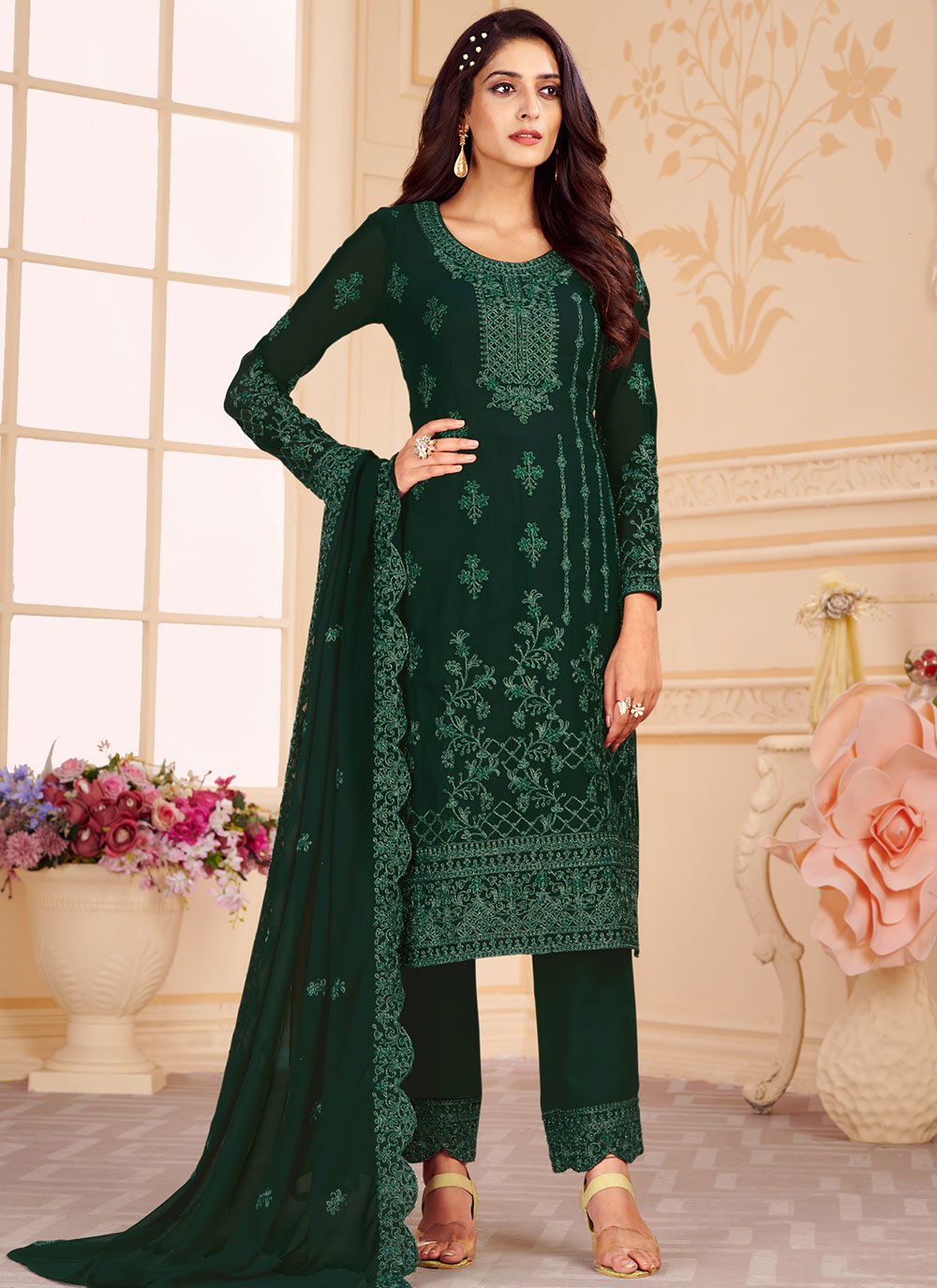 Salwar Suit Faux Georgette Green Embroidered Salwar Kameez