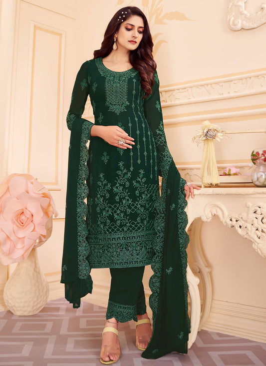 Salwar Suit Faux Georgette Green Embroidered Salwar Kameez